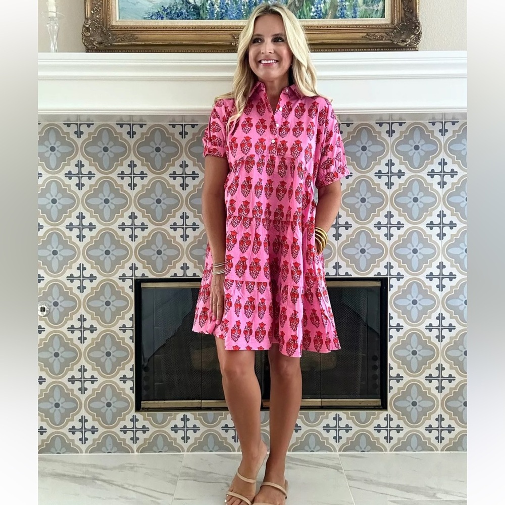 THML Blossom tiered dress featuring a pink and red floral print.